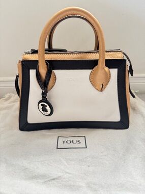 TOUS Two-Tone Leather Satchel Bag in White, Black & Tan